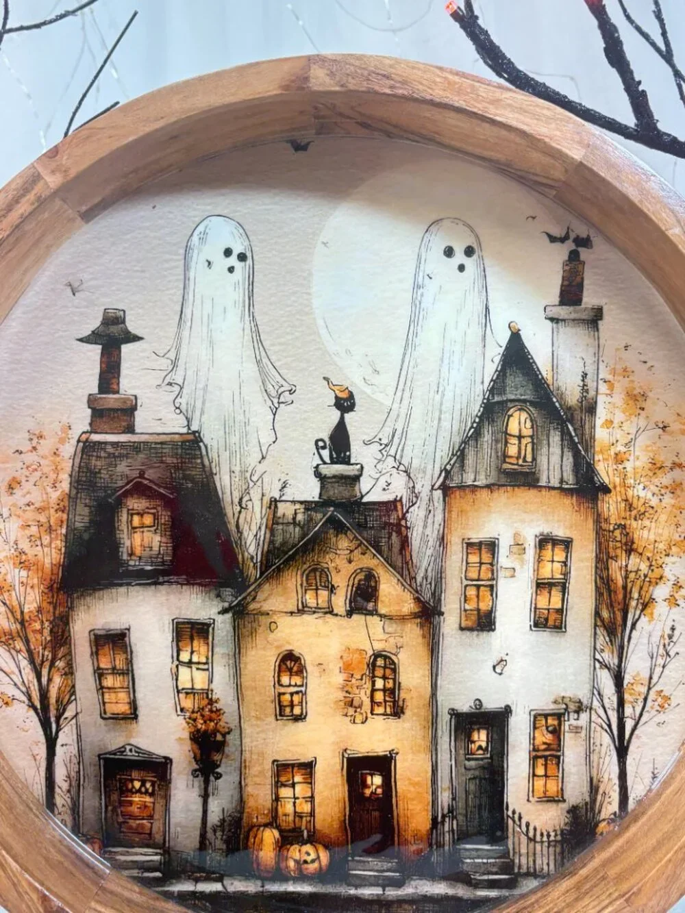 Acacia Wood Round Halloween Ghost & Haunted House 14” Handle Serving Tray